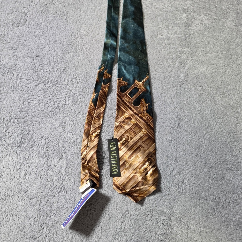 Anne Klein Men OS Silk Necktie Teal Gold Architectural Graphic Made in Italy NWT